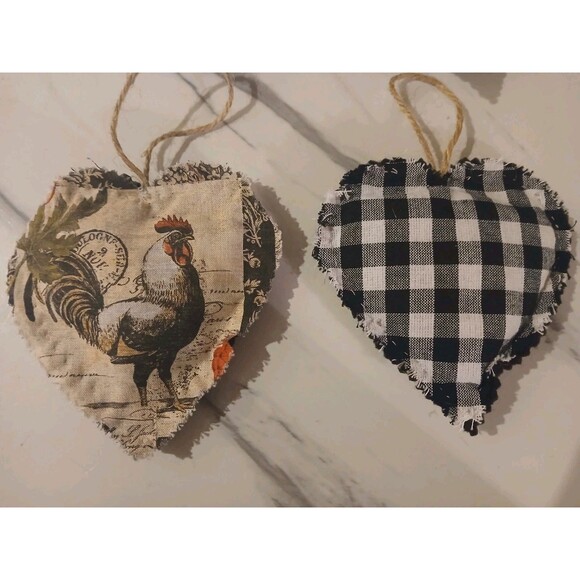 Christmas Ornaments  Handmade Gift  Primitive Cottage Rooster Heart - Set of 4 - Picture 3 of 3